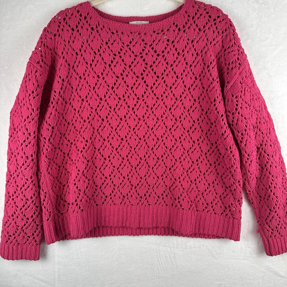Lucky Brand Bright pink Sweater Pointelle Open Knit Pullover Boho Coquette Med